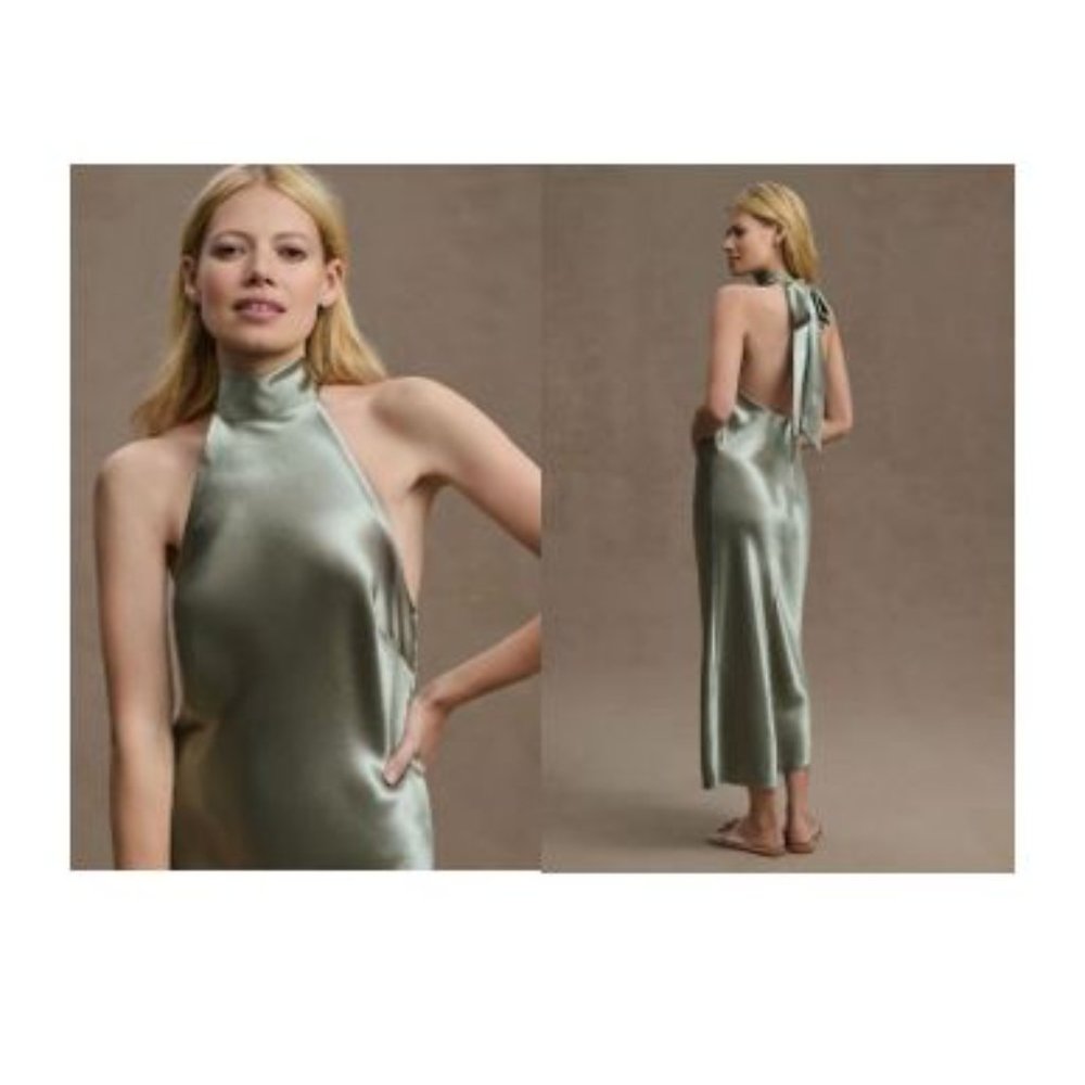 Sachin + Babi Sage Green Satin Backless Halter Midi Dress